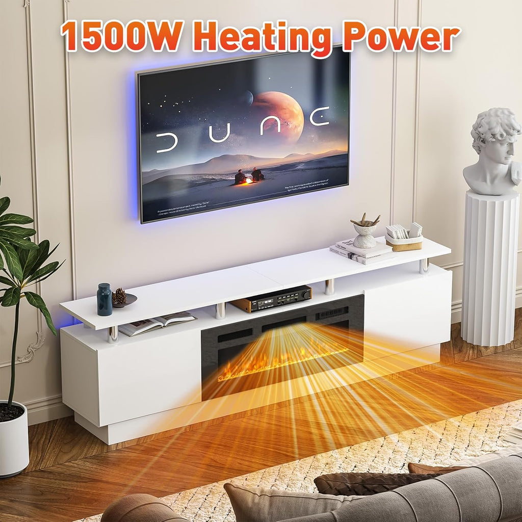 80" Fireplace TV Stand, Modern Entertainment Center & 36 Inch Electric Fireplace with Remote Control, LED Light, Fire Place Tv Stand for Living Room for Tvs up to 90", White + Black