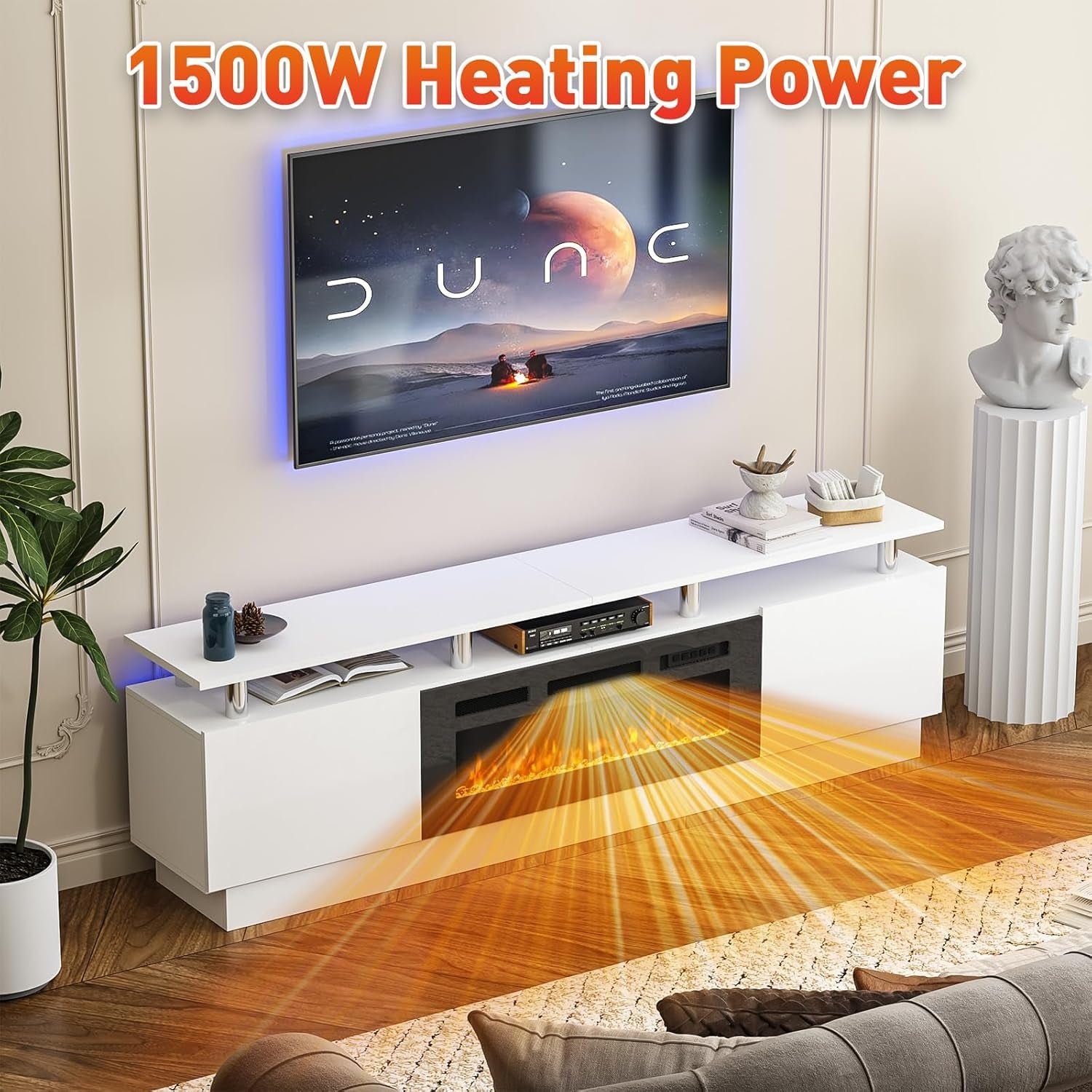80" Fireplace TV Stand, Modern Entertainment Center & 36 Inch Electric Fireplace with Remote Control, LED Light, Fire Place Tv Stand for Living Room for Tvs up to 90", White + Black