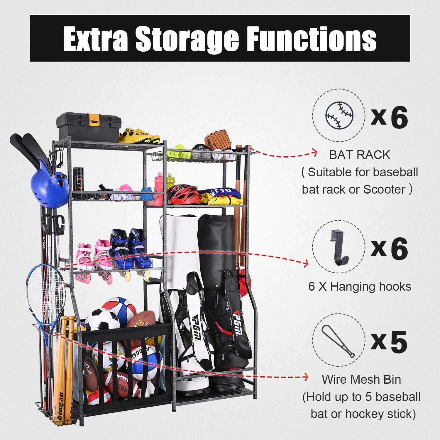 Garage Sports Equipment Storage, 2 Golf Bag Storage Stand and Other Sports Equipment Storage Rack, Garage Organizer System