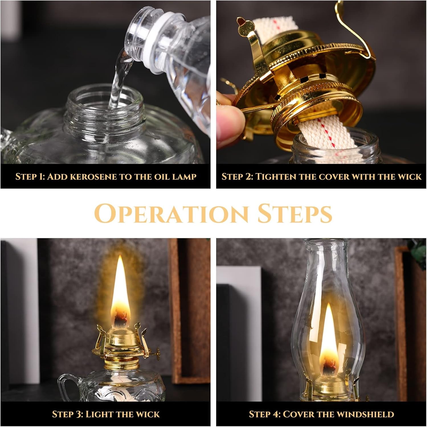 4 Pcs Large Chamber Oil Lamp Clear Vintage Glass Kerosene Lamp Decorative Hurricane Lamp Antique Rustic Oil Lantern for Indoor Tabletop Decor Emergency Lighting with Adjustable Fire Wick, 12.6'' High