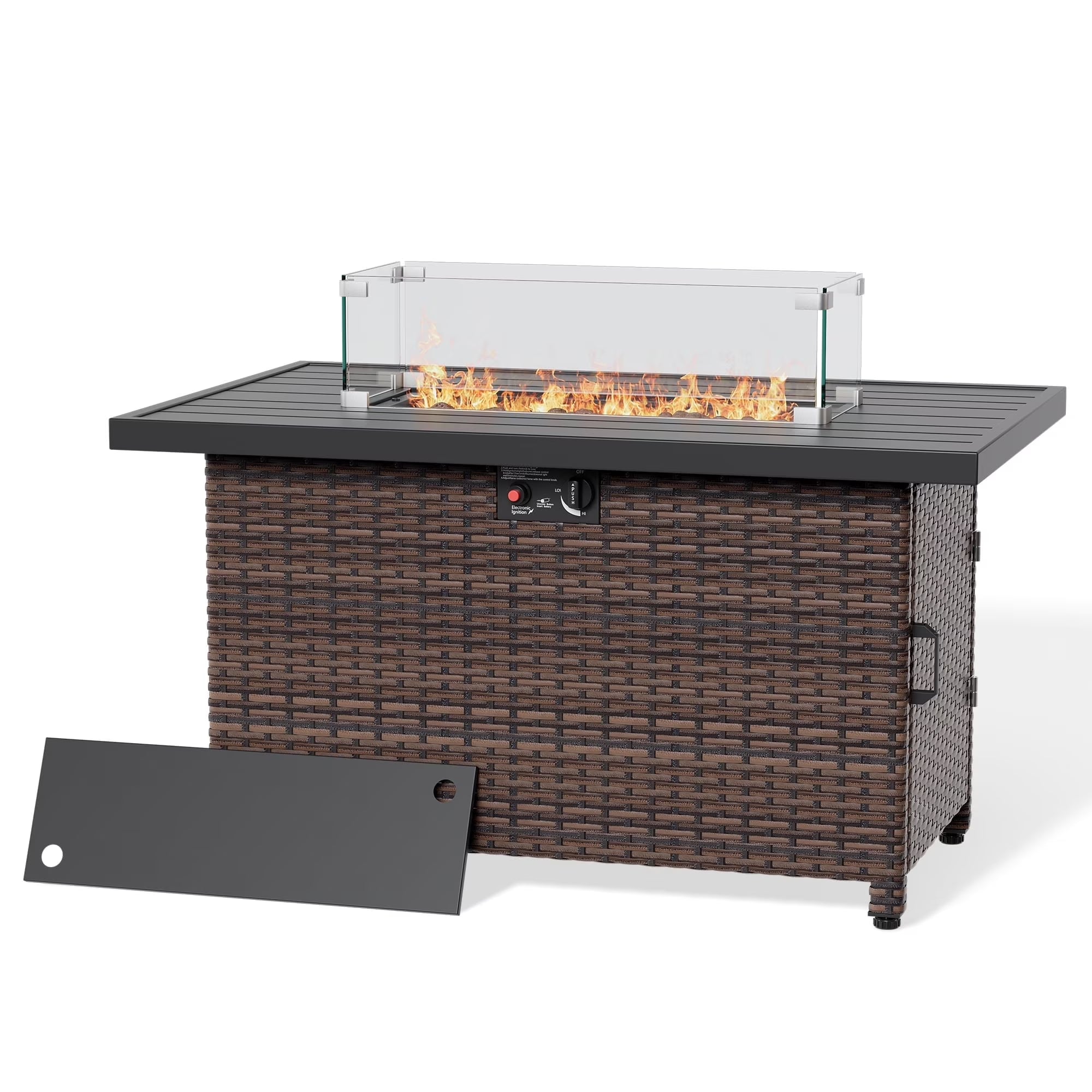 44 Inch Outdoor Wicker Fire Pit Table, 50000 BTU Propane Fire Pits with Glass Wind Guard and Lid, Patio Gas Fire Pit for outside Patio and Garden(Brown)