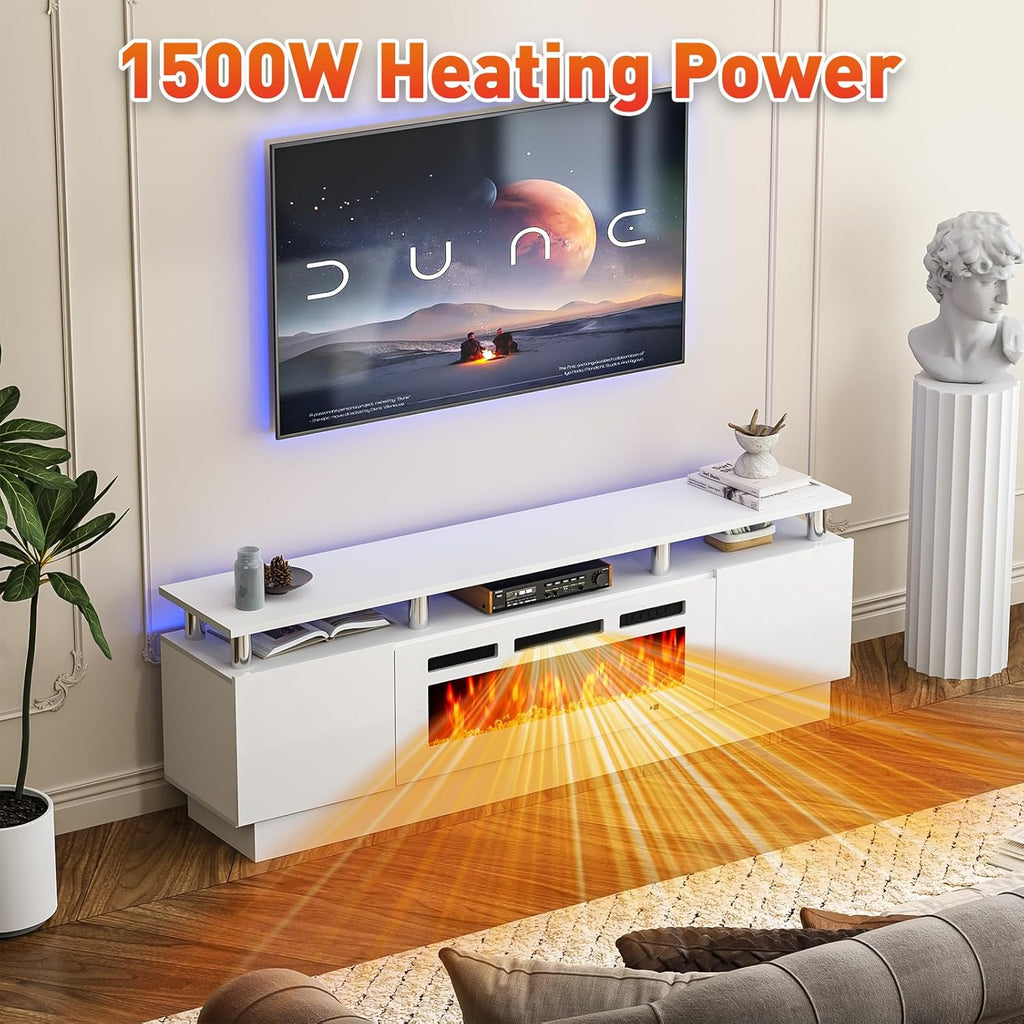 70" Fireplace TV Stand, Modern Entertainment Center & 36 Inch Electric Fireplace with Remote Control, LED Light, Fire Place Tv Stand for Living Room for Tvs up to 80", White + White
