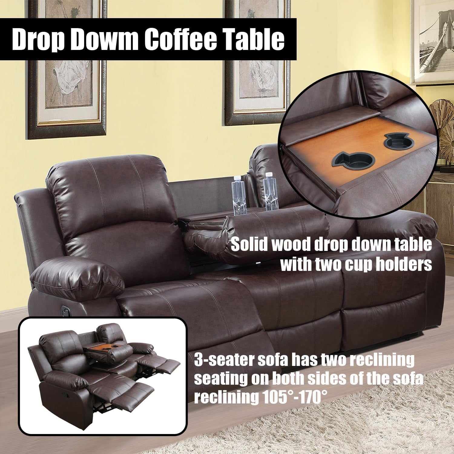 Manual Leather Recliner Sofa Set for Living Room Furniture Sets,Reclining Couch Set, Leather Couch Set for Living Room/Lounge/Club/Apartment(Brown,Sofa+Loveseat+Chair)