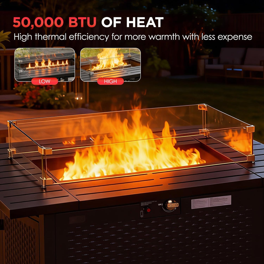 43 Inch Outdoor Propane Fire Pit Table with Glass Wind Guard, Rectangular Patio Fire Table, 50,000 BTU Smokeless Gas Firepit for Backyard, Garden & Poolside