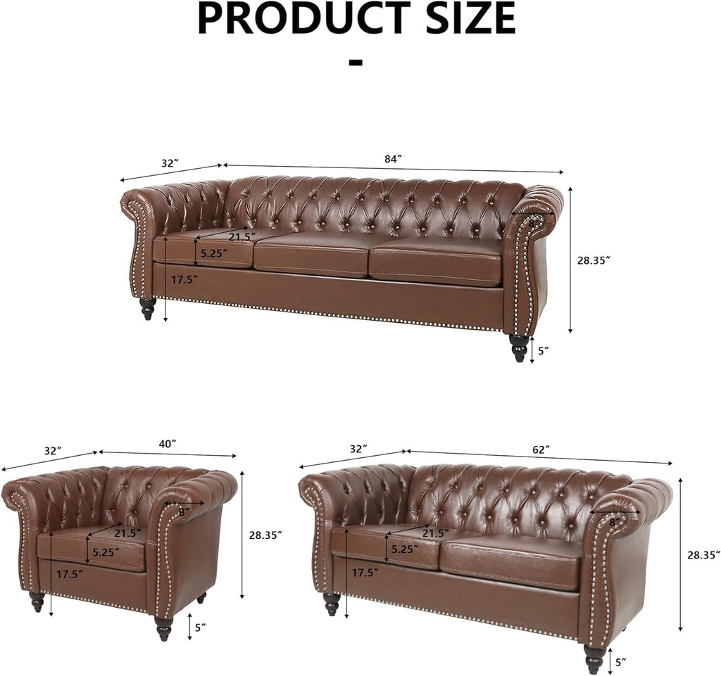 Chesterfield Leather Sofa 3 Seater Couch, Mid-Century Large Sofa Roll Arm Classic Tufted Settee Modern PU Sofa with Channel Tufted Seat Back for Living Room, Office, Apartment, PU Brown