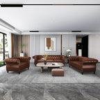 Chesterfield Leather Sofa 3 Seater Couch, Mid-Century Large Sofa Roll Arm Classic Tufted Settee Modern PU Sofa with Channel Tufted Seat Back for Living Room, Office, Apartment, PU Brown