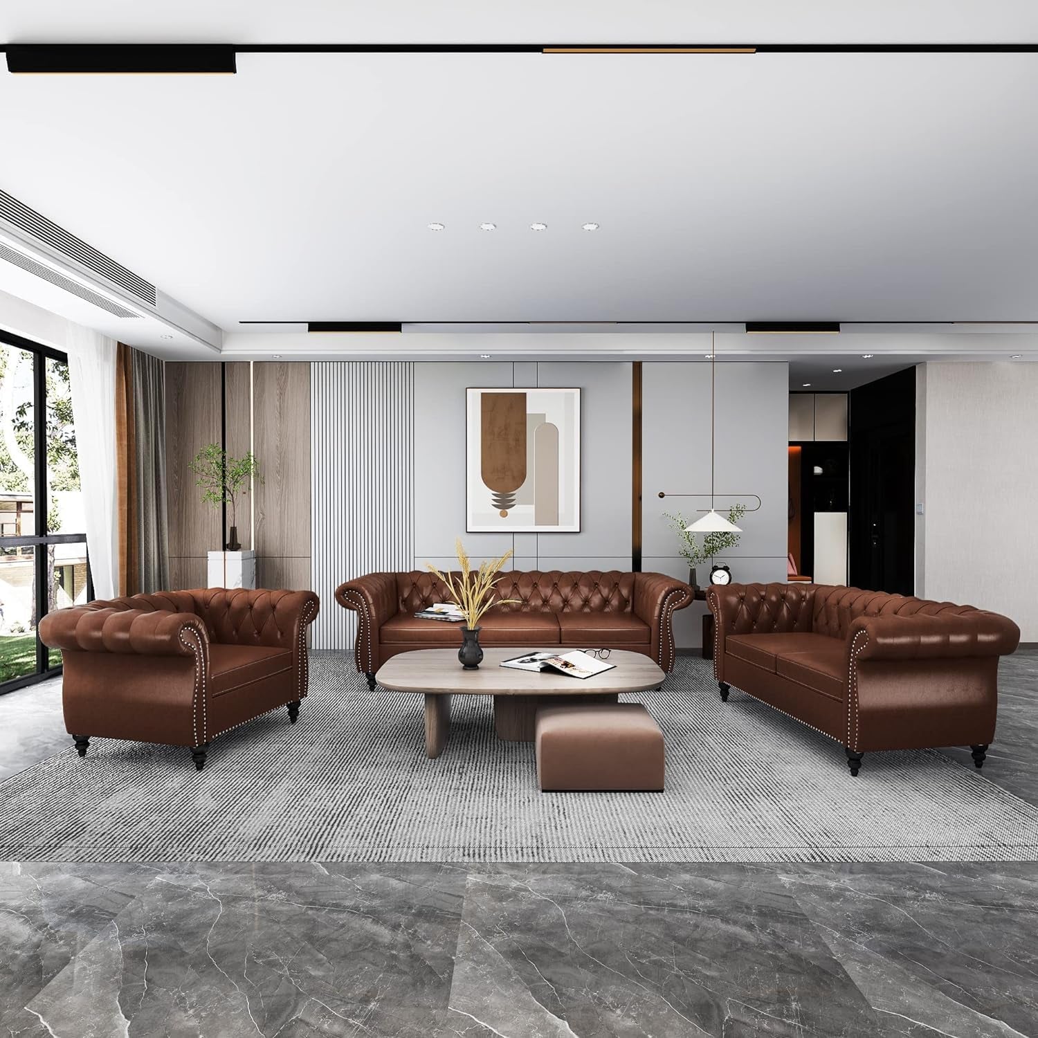 Chesterfield Leather Sofa 3 Seater Couch, Mid-Century Large Sofa Roll Arm Classic Tufted Settee Modern PU Sofa with Channel Tufted Seat Back for Living Room, Office, Apartment, PU Brown