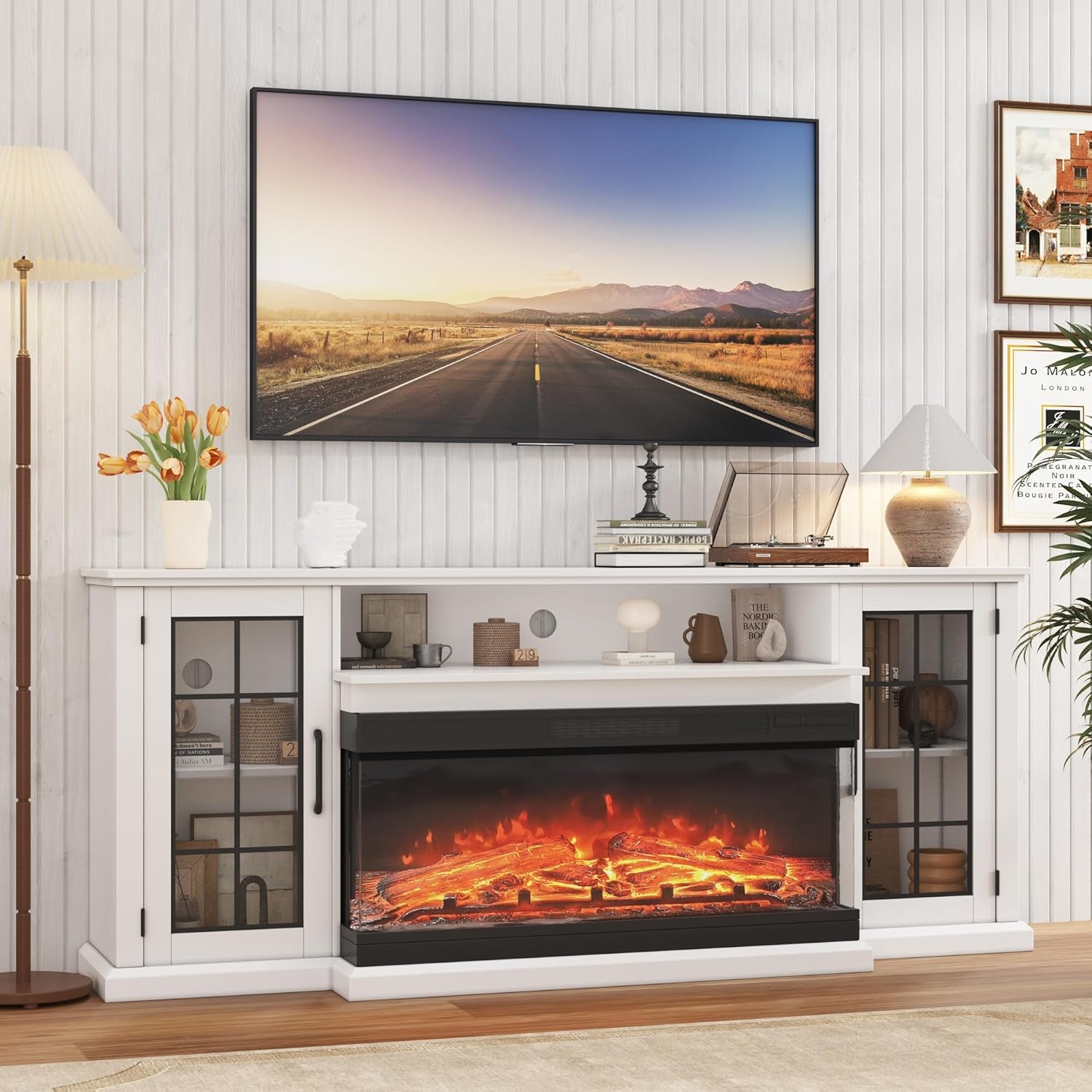 Fireplace TV Stand, 75'' TV Stand with 40" Fireplace, Electric Fireplace Heater, Entertainment Center with Frame and LED Light Colors, TV Console Cabinet