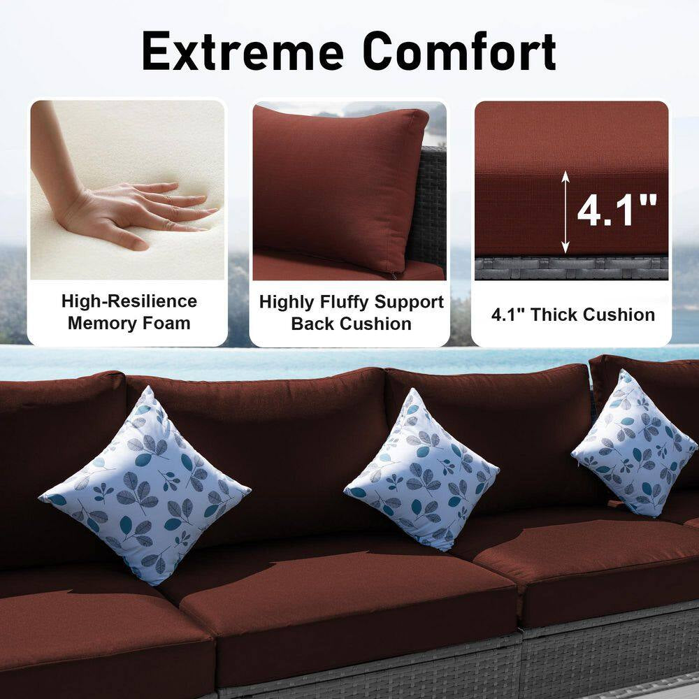 Large Gray 13-Piece 12-Seats Wicker Patio Fire Pit Sofa Set with Light Red Cushions and 43 In. Fire Pit Table