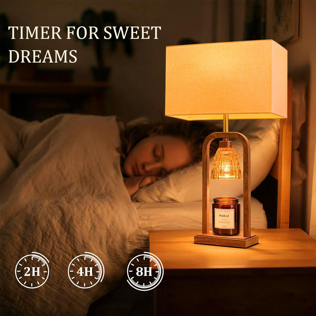 Farmhouse Table Lamps with Candle Warmer & Timer for Bedroom, Wood-Like Bedside Lamps Set of 2 for Night Stands, 21.5'' Bedroom Lamps Decor for Living Room, Corded Eletric, No Battery