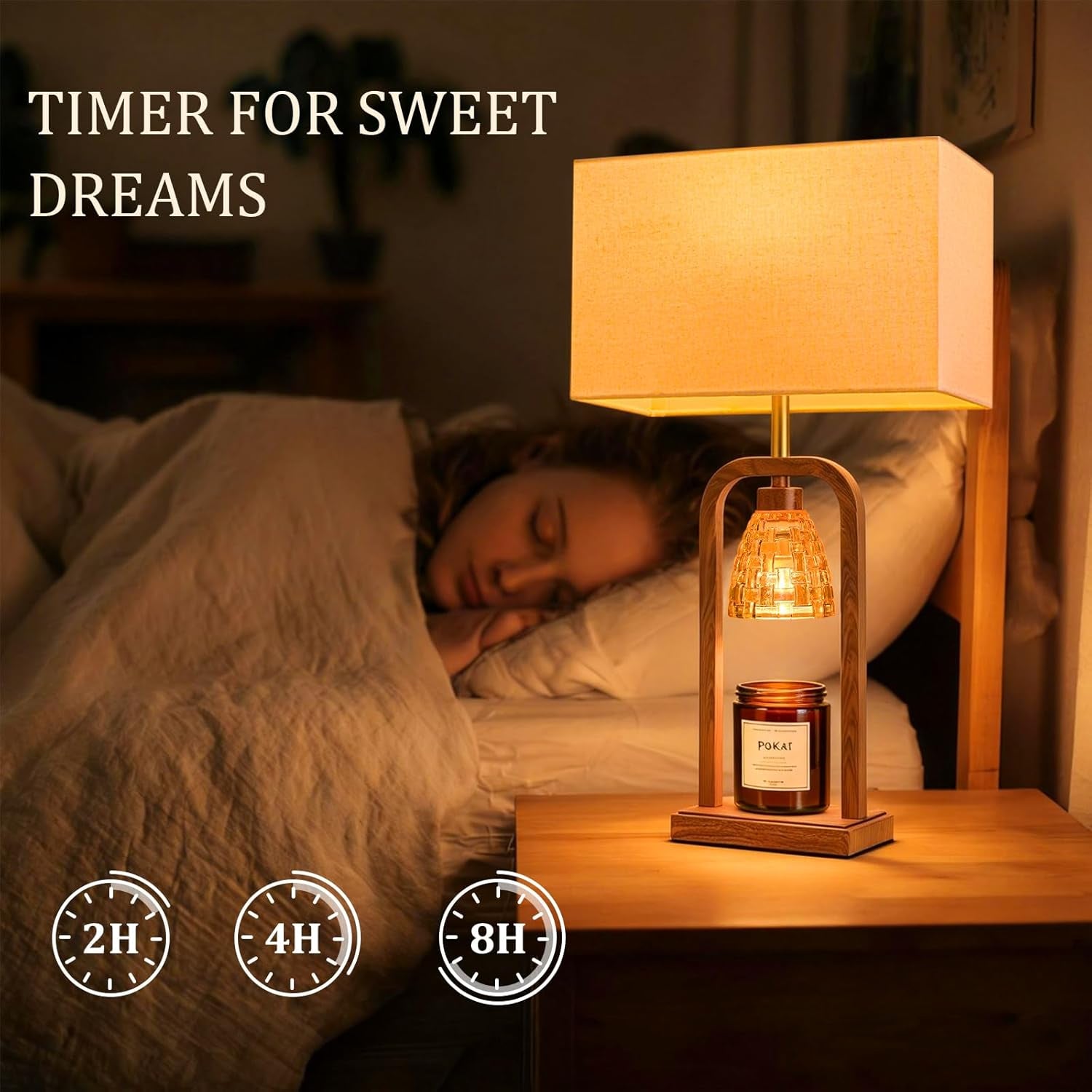 Farmhouse Table Lamps with Candle Warmer & Timer for Bedroom, Wood-Like Bedside Lamps Set of 2 for Night Stands, 21.5'' Bedroom Lamps Decor for Living Room, Corded Eletric, No Battery