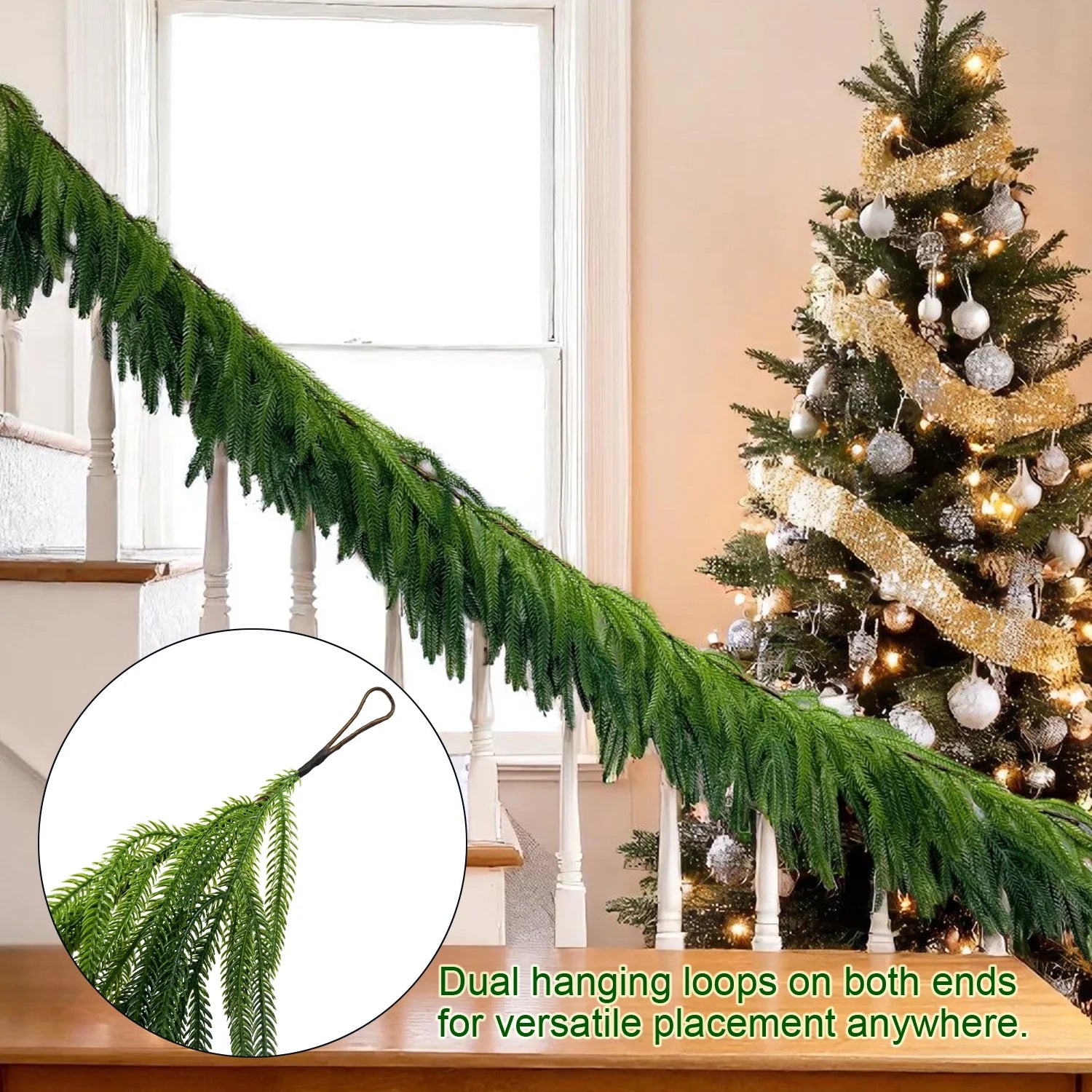 2Pcs 9Ft Christmas Garlands Norfolk Pine Garland Faux Greenery Pine Garland for Christmas Holiday Winter Wall Mantle Fireplace Staircase Indoor Outdoor Decoration