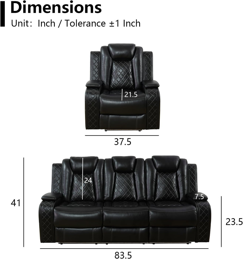 Power Leather Recliner Sofa Set with LED Light,Reclining Sofa and Chair Set with Usb,Leather Couch Set for 3 Seater Couch with Coffee Table/Single Recliner 2 PCS for Living Room(Black,3+1)