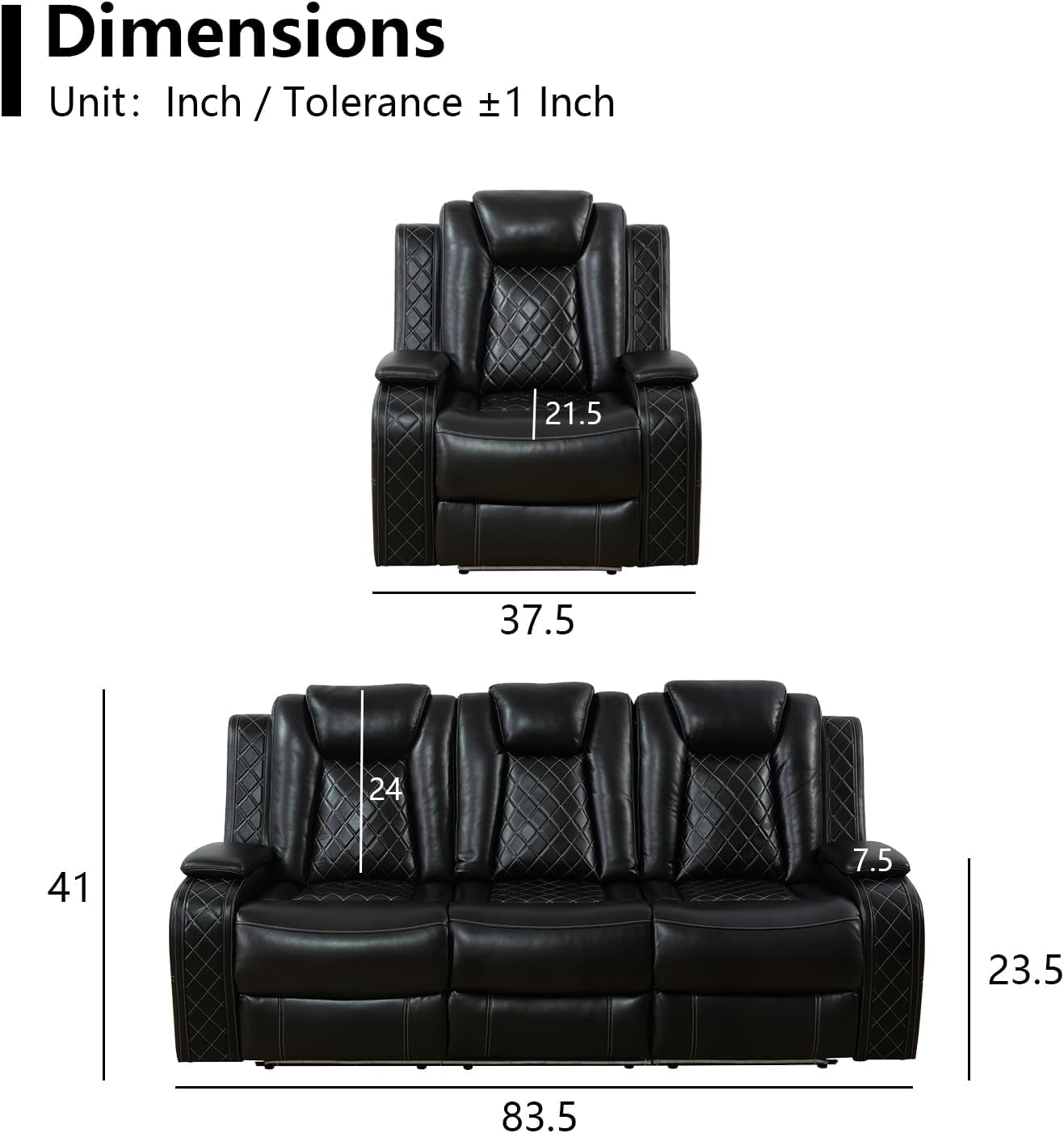 Power Leather Recliner Sofa Set with LED Light,Reclining Sofa and Chair Set with Usb,Leather Couch Set for 3 Seater Couch with Coffee Table/Single Recliner 2 PCS for Living Room(Black,3+1)