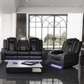 Power Leather Recliner Sofa Set with LED Light,Reclining Sofa and Chair Set with Usb,Leather Couch Set for 3 Seater Couch with Coffee Table/Single Recliner 2 PCS for Living Room(Black,3+1)