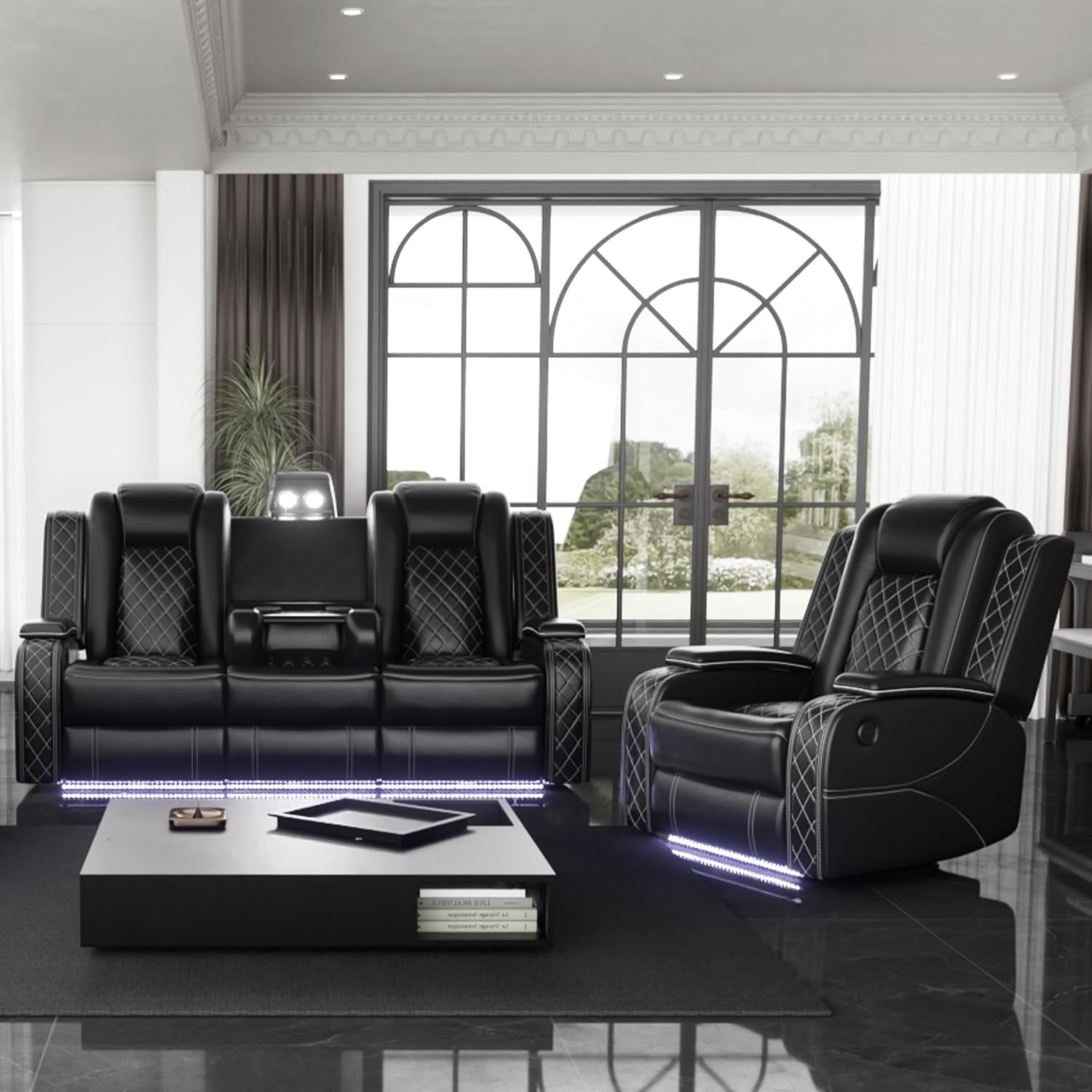 Power Leather Recliner Sofa Set with LED Light,Reclining Sofa and Chair Set with Usb,Leather Couch Set for 3 Seater Couch with Coffee Table/Single Recliner 2 PCS for Living Room(Black,3+1)