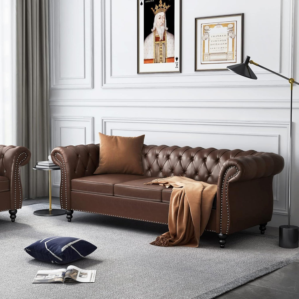 Chesterfield Leather Sofa 3 Seater Couch, Mid-Century Large Sofa Roll Arm Classic Tufted Settee Modern PU Sofa with Channel Tufted Seat Back for Living Room, Office, Apartment, PU Brown