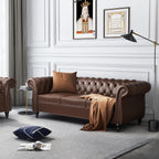 Chesterfield Leather Sofa 3 Seater Couch, Mid-Century Large Sofa Roll Arm Classic Tufted Settee Modern PU Sofa with Channel Tufted Seat Back for Living Room, Office, Apartment, PU Brown