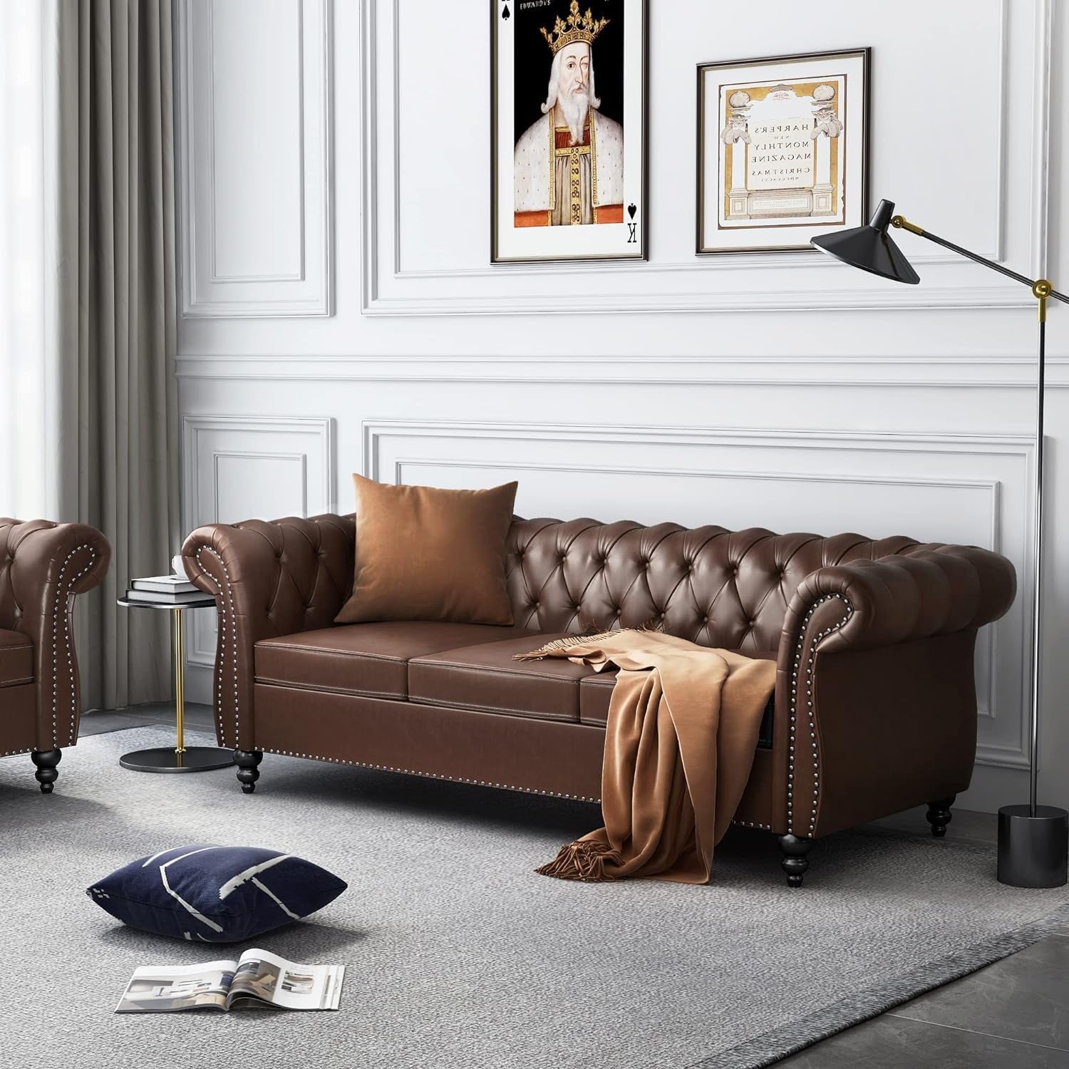 Chesterfield Leather Sofa 3 Seater Couch, Mid-Century Large Sofa Roll Arm Classic Tufted Settee Modern PU Sofa with Channel Tufted Seat Back for Living Room, Office, Apartment, PU Brown