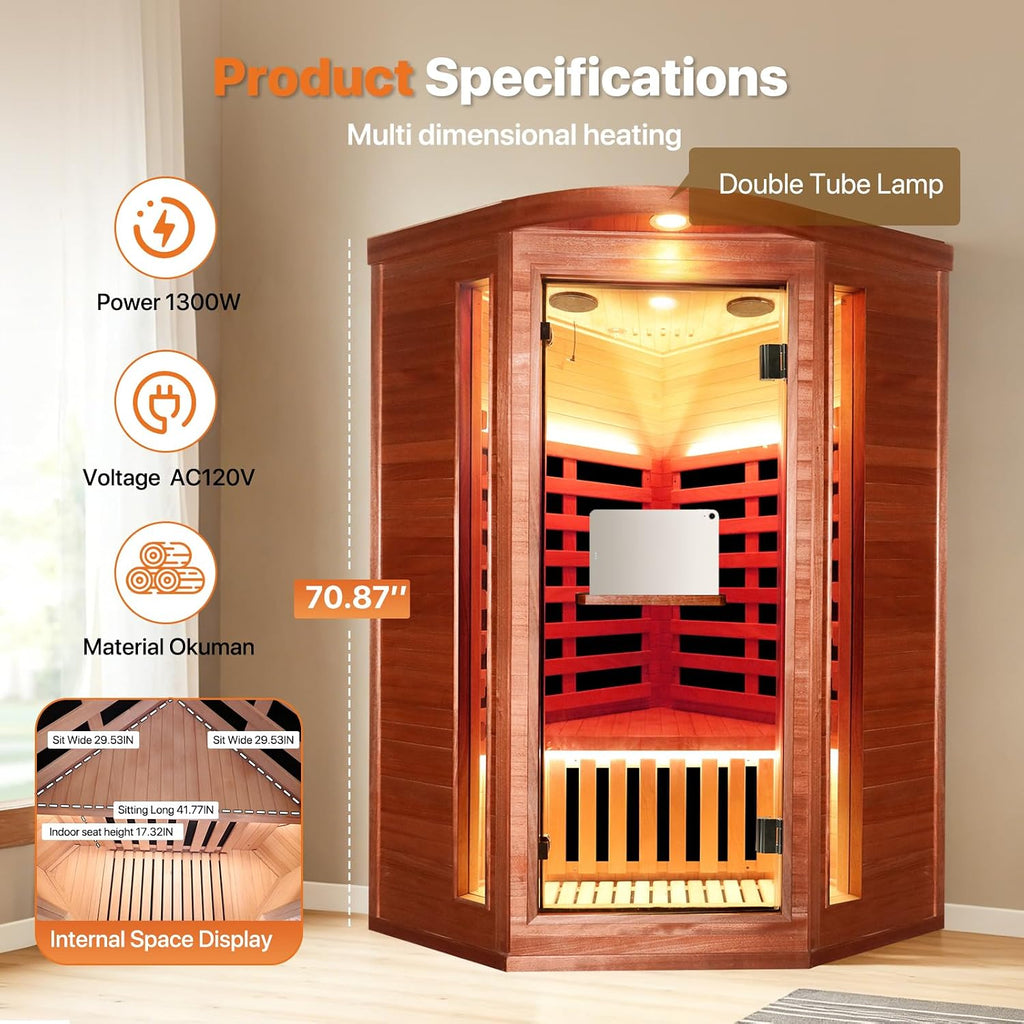 Corner Sauna for One Person Far Infrared Sauna Low-Emf African Mahogany Wood 1300W Indoor Saunas Wood Wax Oil on Outer Surface 37 * 37 * 71Inch