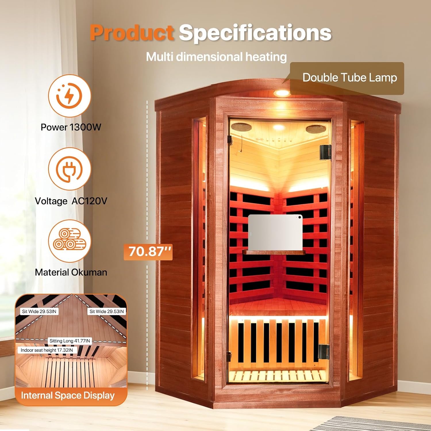Corner Sauna for One Person Far Infrared Sauna Low-Emf African Mahogany Wood 1300W Indoor Saunas Wood Wax Oil on Outer Surface 37 * 37 * 71Inch