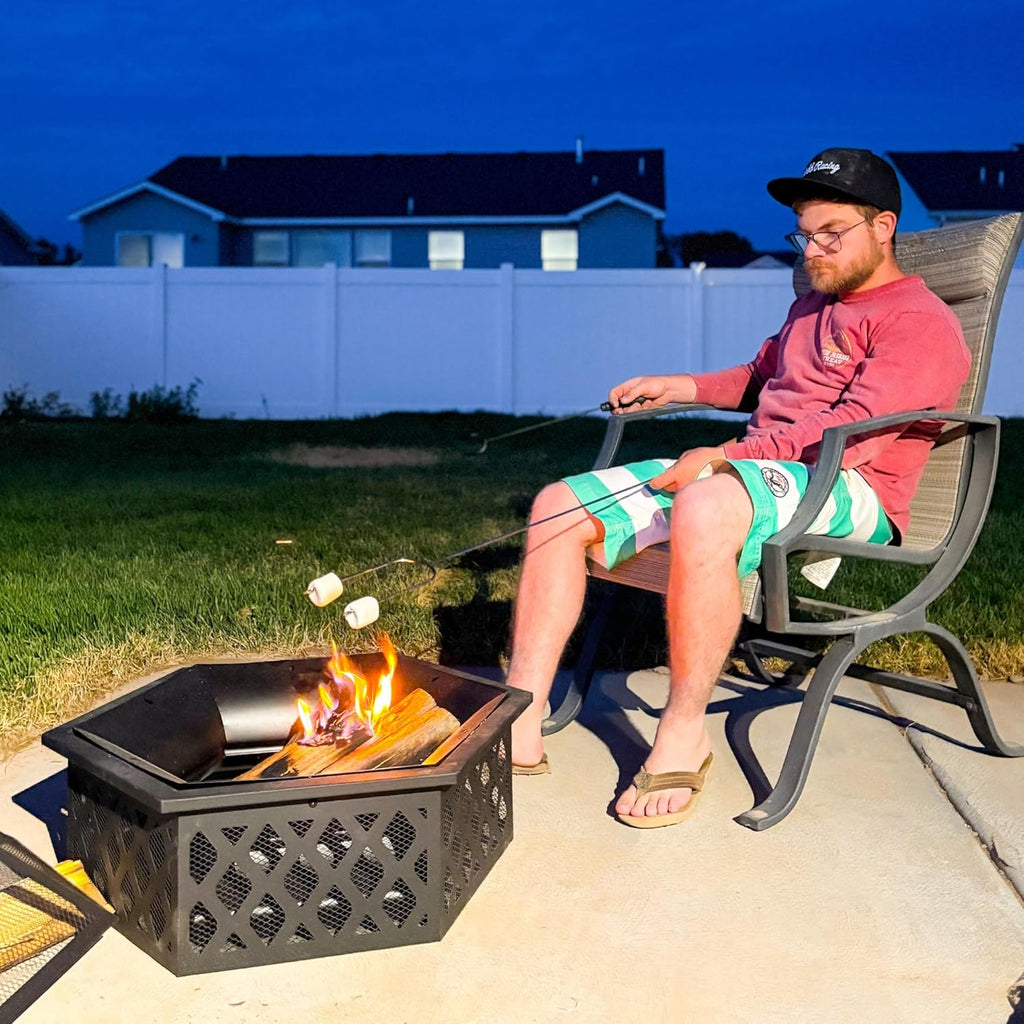 28" Outdoor Fire Pit Grill, Portable Wood Burning Firepit for outside with Cooking Grate, Fire Poker, Spark Screen Lid, Steel Hexagon Fireplace for Patio Bonfire Backyard BBQ Camping Picnic