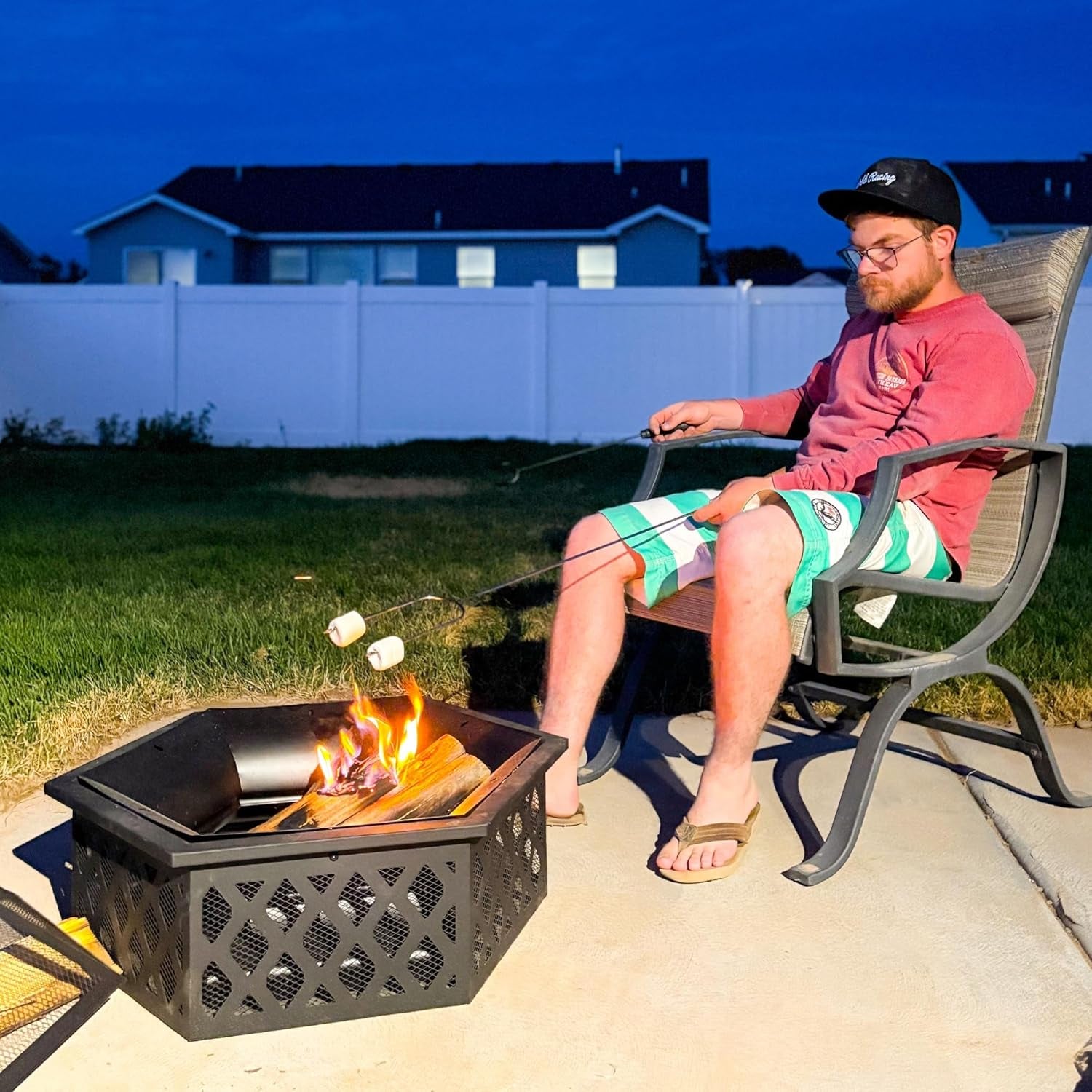 28" Outdoor Fire Pit Grill, Portable Wood Burning Firepit for outside with Cooking Grate, Fire Poker, Spark Screen Lid, Steel Hexagon Fireplace for Patio Bonfire Backyard BBQ Camping Picnic