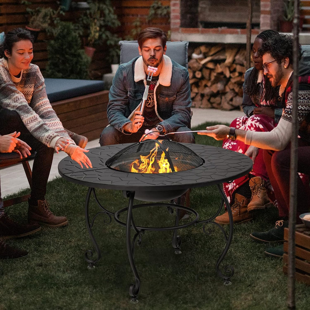 Patio Fire Pit Dining Table, round Wood Burning Fire Bowl, Outdoor Fire Pit Table with Fire Bowl, Wood Grate, Spark Screen Cover, Lid and Poker, Patio, Garden, Balcony