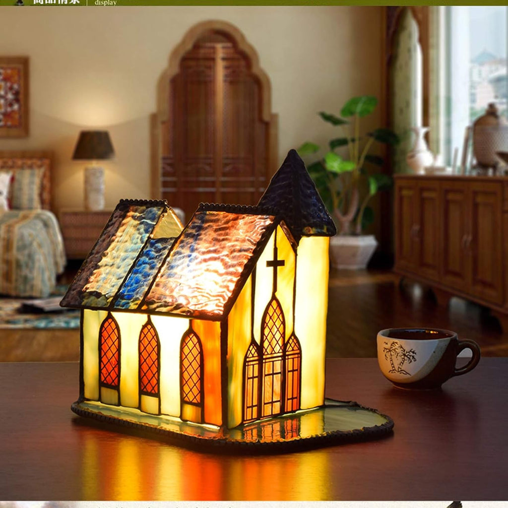 Tiffany Style Stained Glass Cathedral Church Night Light,E14, Accent Lamp, Table Lamp,Antique Bedroom Bedside Nightlight Lamp,Mission Desk Lamp,110-240V,A
