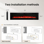 72" Electric Fireplace Wall Mounted & Recessed, 3.19" Ultra-Thin Linear Fireplace Electric Heater with Remote Control & Touch Screen, 750/1500W, Low Noise, Timer