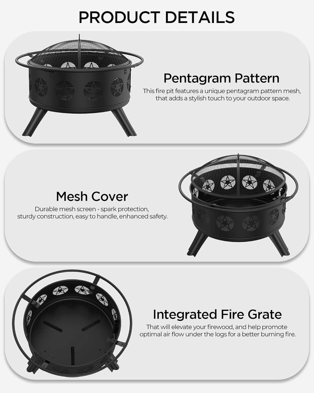 32 Inch Fire Pit with BBQ Grill & Mesh Cover, Wood Burning Fire Pits for outside with Fire Poker, Pentagram Hollow Design, round Metal Outdoor Firepit for Patio, Garden, Backyard, Bonfire Party