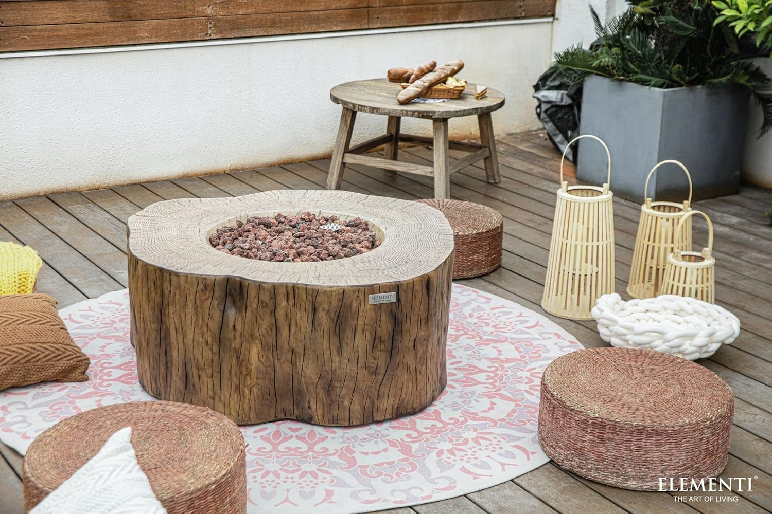 | Manchester Gas Fire Pit Cast Concrete Semi-Round Fire Table, Outdoor Fire Pit Electronic Ignition | Canvas Cover, Lava Rock Included | Red Wood (Propane Gas)