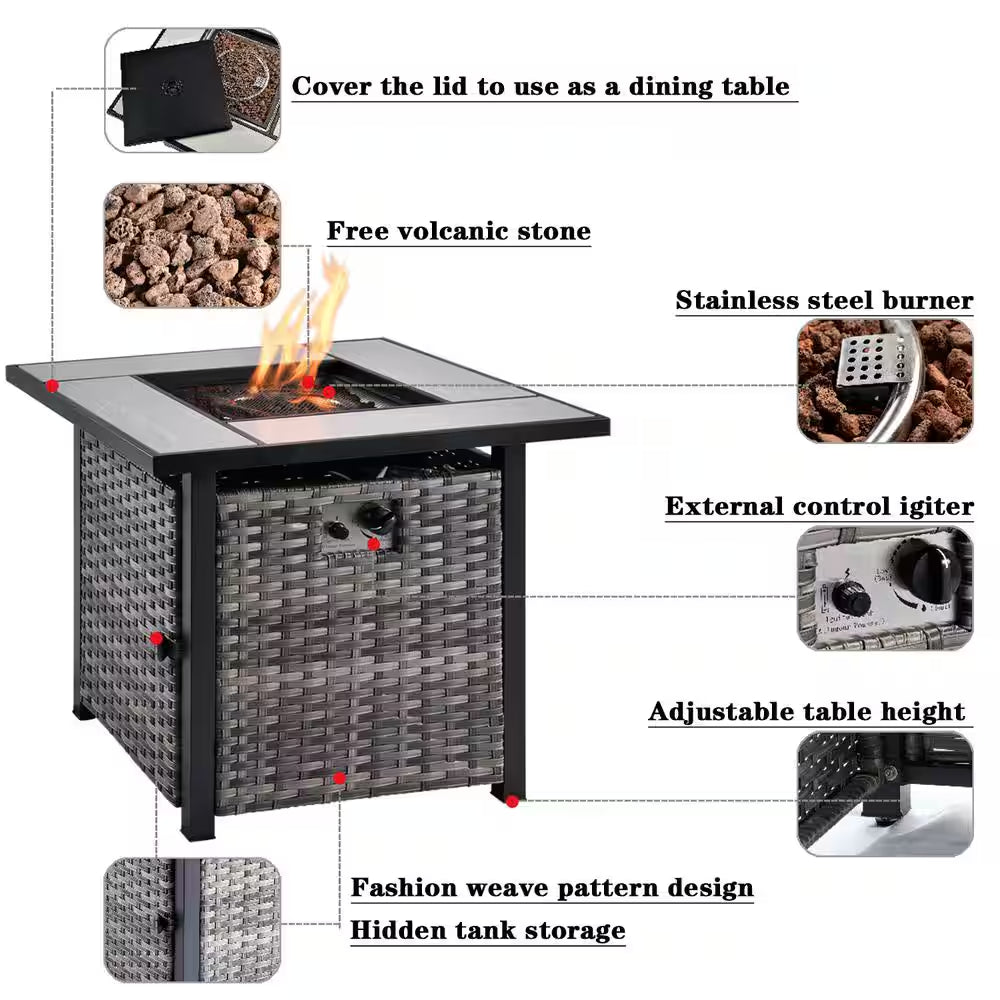 Mars Gray 9-Piece 7-People Wicker Patio Conversation Fire Pit Sofa Set with Red Orange Cushion and Swivel Rocking Chairs