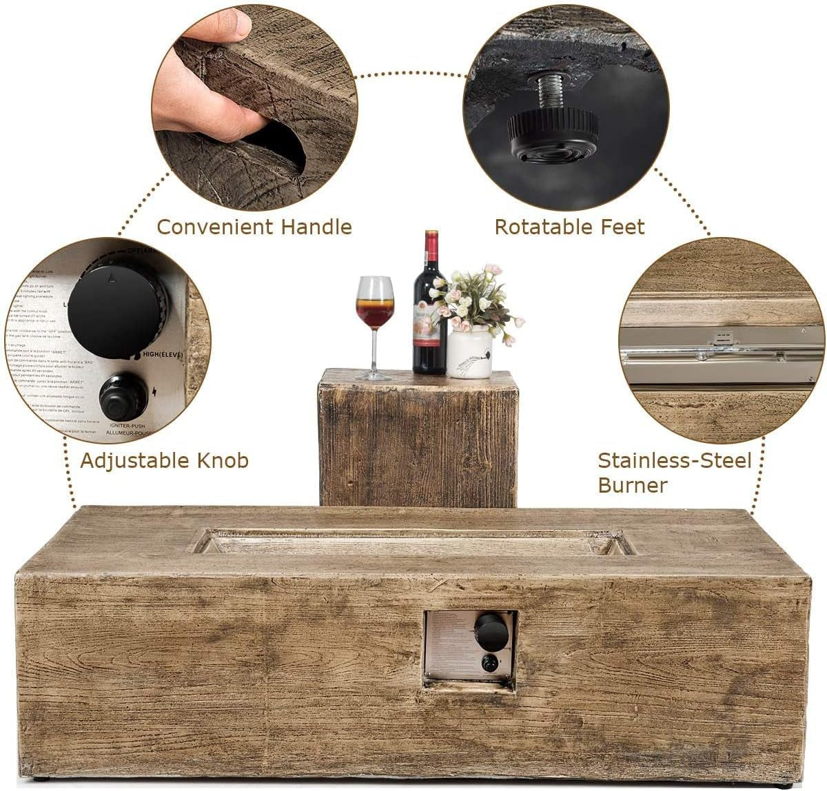 48-Inch Propane Fire Pit Set, 50,000 BTU Rectangular Gas Fire Pit Table with Lava Rocks, Waterproof Cover, Patio Rustic Outdoor Fireplace with Adjustable Flame, Propane Tank Holder Included