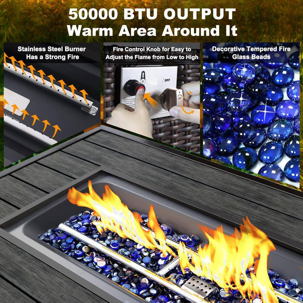 48 In. Propane Gas Fire Pit Table with Fabric Cover and Glass Beads, Brown