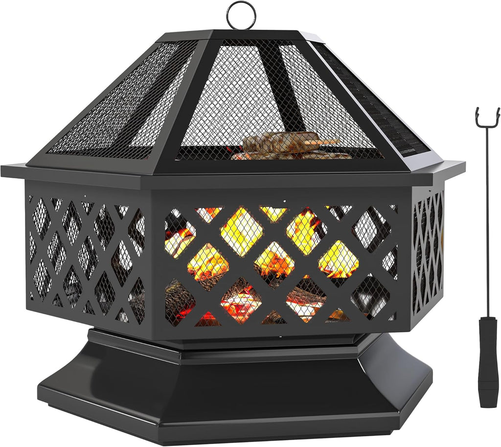 28" Outdoor Fire Pit Grill, Portable Wood Burning Firepit for outside with Cooking Grate, Fire Poker, Spark Screen Lid, Steel Hexagon Fireplace for Patio Bonfire Backyard BBQ Camping Picnic