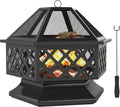 28" Outdoor Fire Pit Grill, Portable Wood Burning Firepit for outside with Cooking Grate, Fire Poker, Spark Screen Lid, Steel Hexagon Fireplace for Patio Bonfire Backyard BBQ Camping Picnic