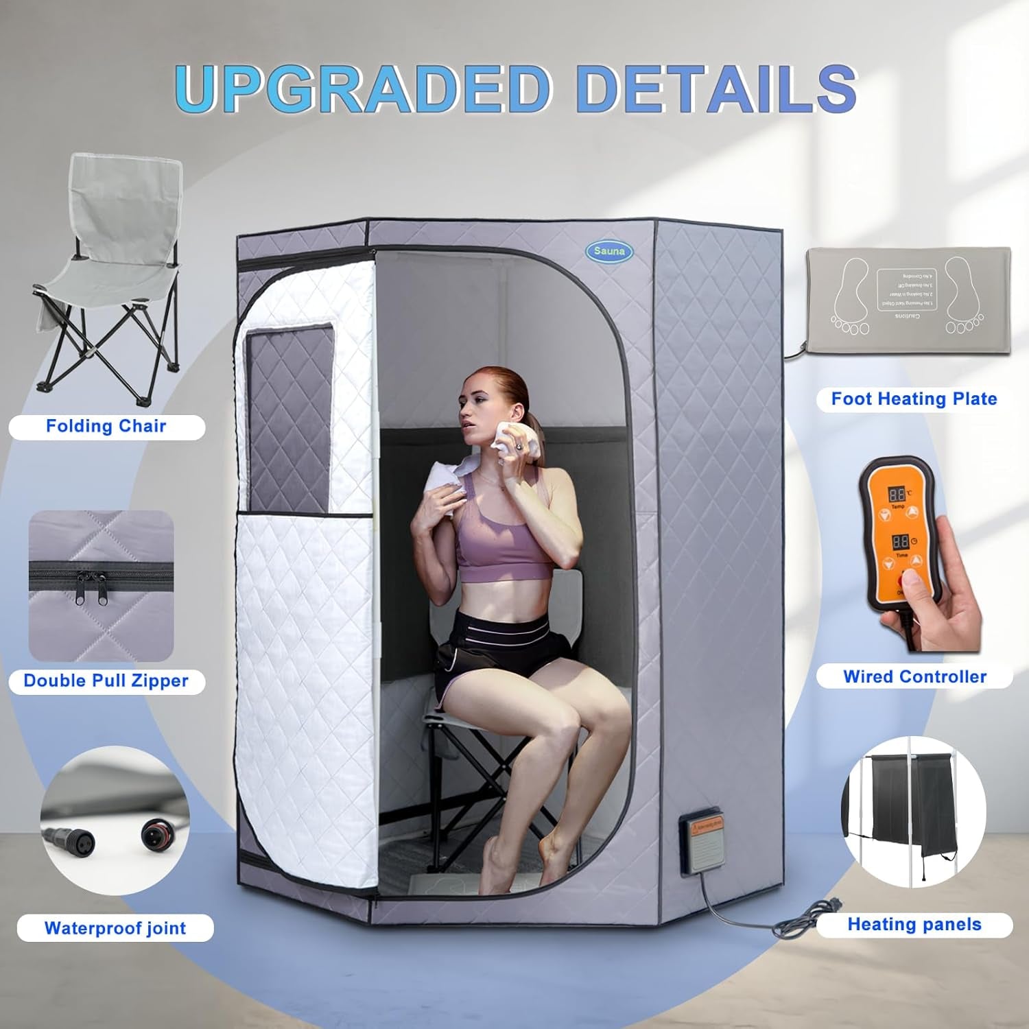 Portable Full Size Infrared Sauna for Home,Pentagonal Size Far Infrared Sauna,One Person Sauna Tent with Heating Foot Pad, Portable Chair, (L38 X W38 X H63, Grey)
