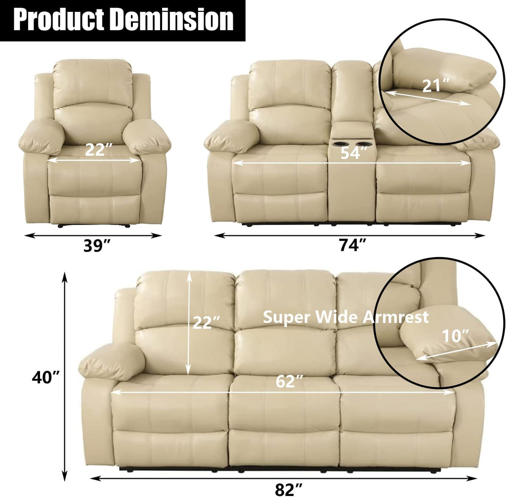 Manual Leather Recliner Sofa Set for Living Room Furniture Sets,Reclining Couch Set, Leather Couch Set for Living Room/Lounge/Club/Apartment(Beige,Sofa+Loveseat+Chair)