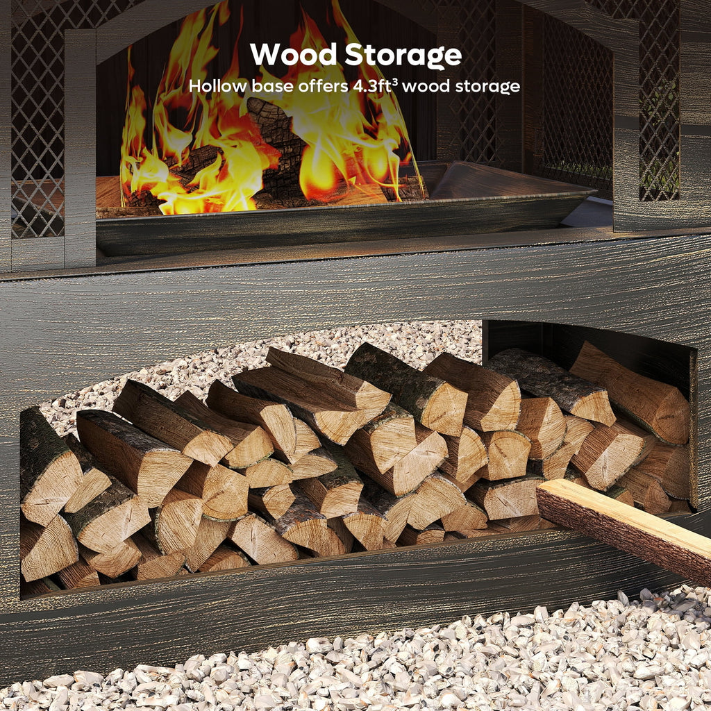Fire Pits for outside Wood Burning, Outdoor Fireplace with Log Storage Rack, Freestanding Chiminea Fireplace with Mesh Screen and Pocker for Backyard Patio Party Camping Picnic, 37"