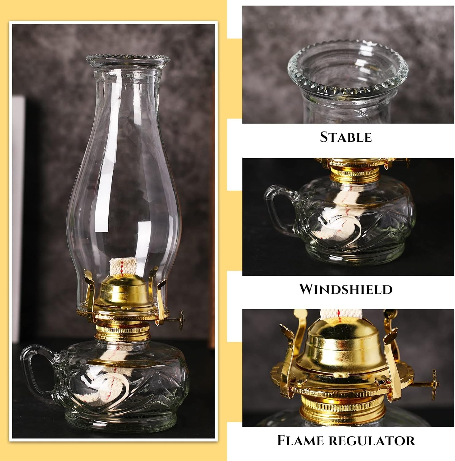 4 Pcs Large Chamber Oil Lamp Clear Vintage Glass Kerosene Lamp Decorative Hurricane Lamp Antique Rustic Oil Lantern for Indoor Tabletop Decor Emergency Lighting with Adjustable Fire Wick, 12.6'' High