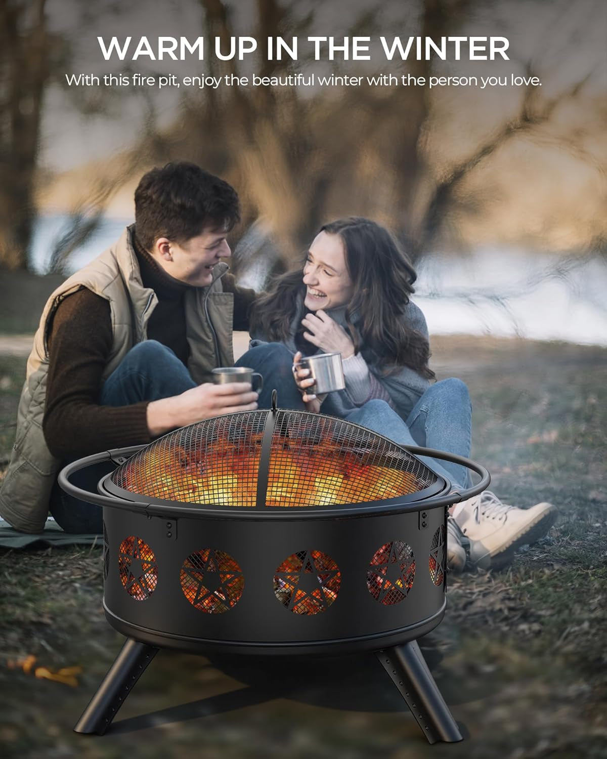 32 Inch Fire Pit with BBQ Grill & Mesh Cover, Wood Burning Fire Pits for outside with Fire Poker, Pentagram Hollow Design, round Metal Outdoor Firepit for Patio, Garden, Backyard, Bonfire Party