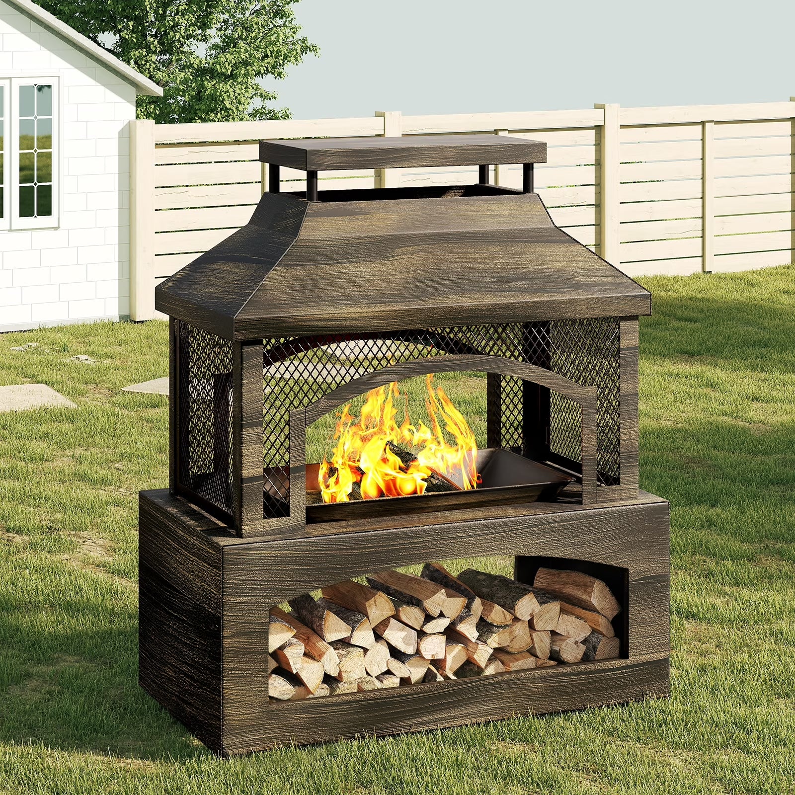 Fire Pits for outside Wood Burning, Outdoor Fireplace with Log Storage Rack, Freestanding Chiminea Fireplace with Mesh Screen and Pocker for Backyard Patio Party Camping Picnic, 37"