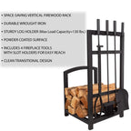 Jivin 5-Piece Fireplace Tool Set and Log Rack - Mission-Style Firewood Holder with Shovel, Broom, Tongs, and Poker for Hearth