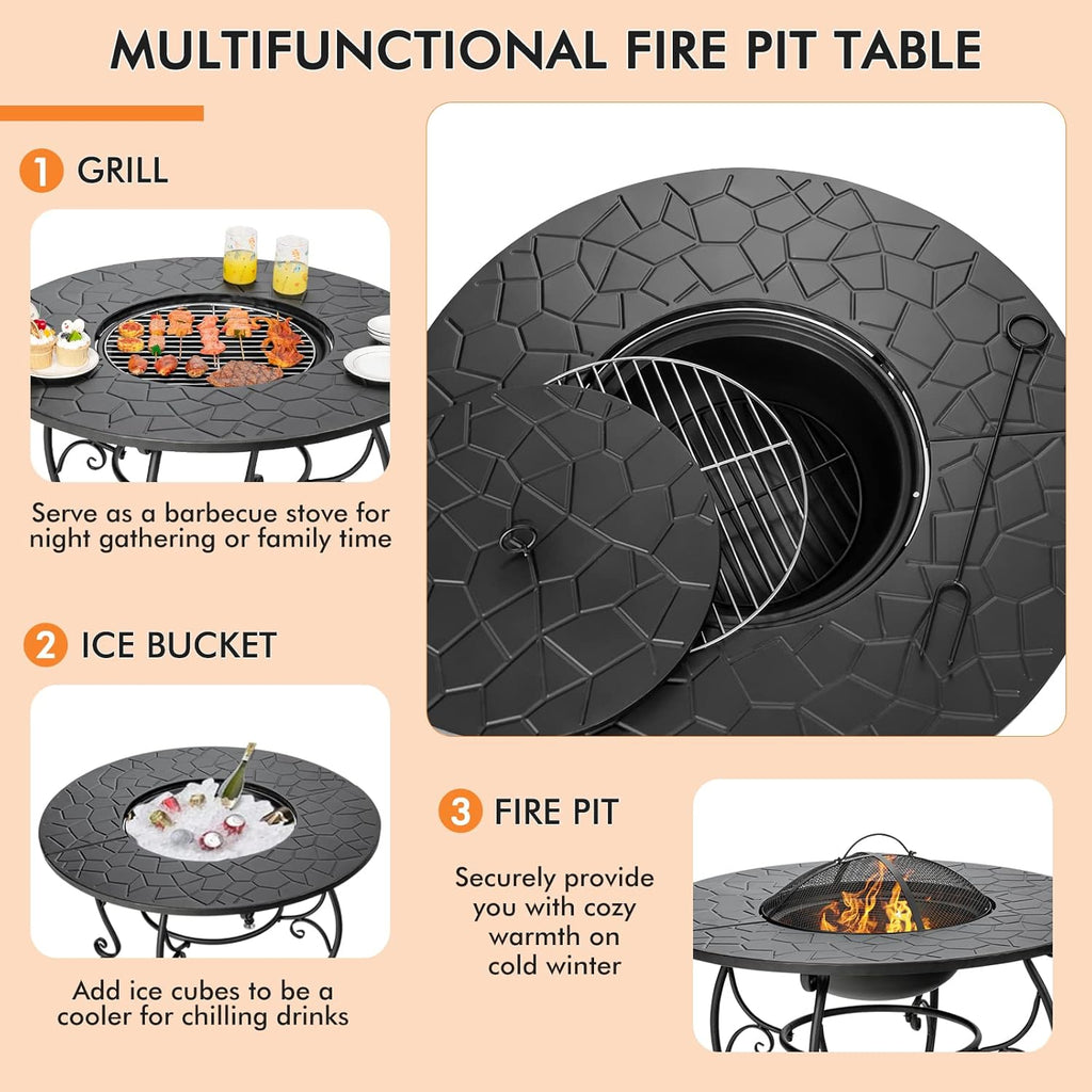 Patio Fire Pit Dining Table, round Wood Burning Fire Bowl, Outdoor Fire Pit Table with Fire Bowl, Wood Grate, Spark Screen Cover, Lid and Poker, Patio, Garden, Balcony