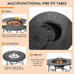 Patio Fire Pit Dining Table, round Wood Burning Fire Bowl, Outdoor Fire Pit Table with Fire Bowl, Wood Grate, Spark Screen Cover, Lid and Poker, Patio, Garden, Balcony