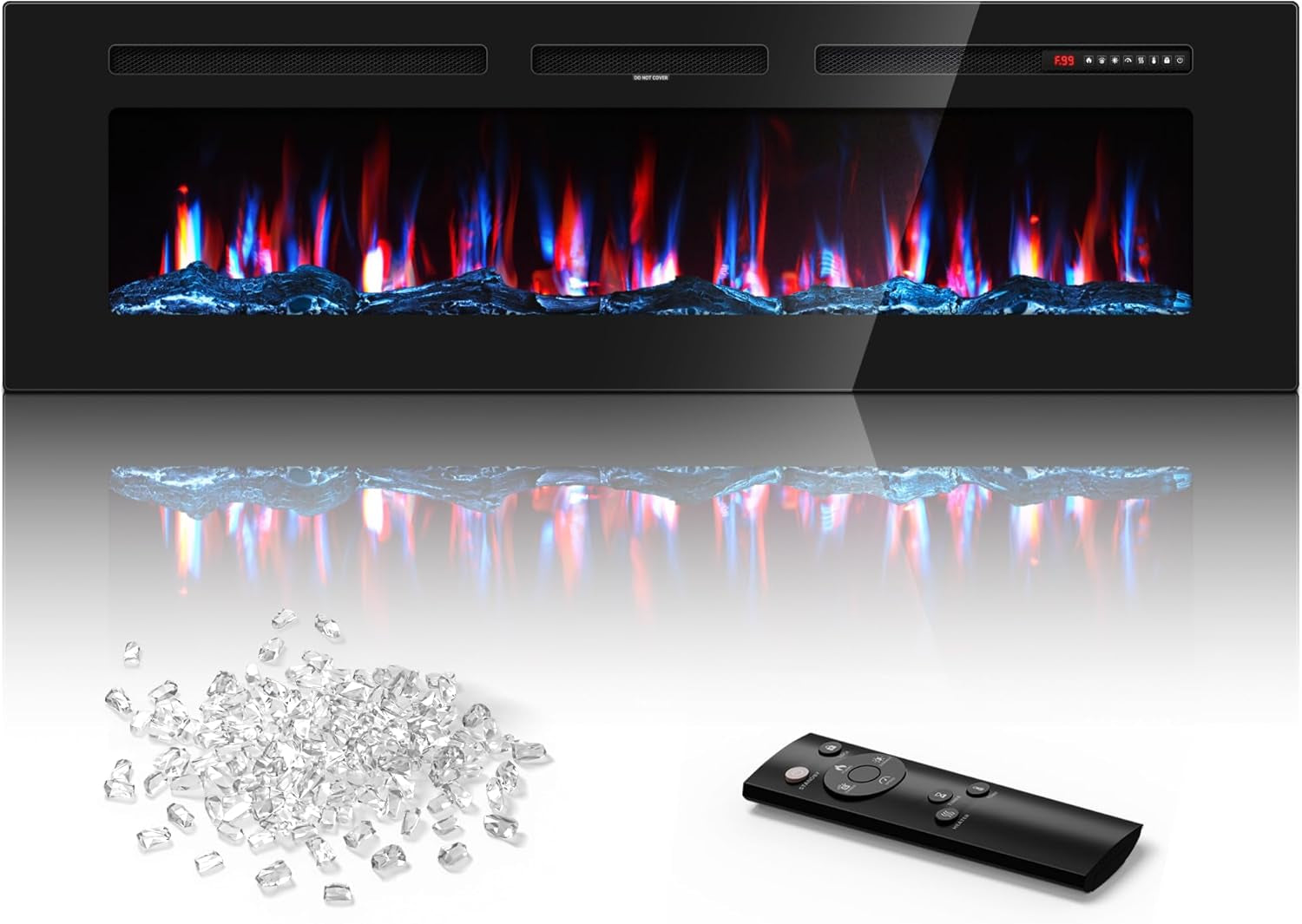 60 Inch Electric Fireplace In-Wall Recessed and Wall Mounted with Remote Control, 1500/750W Fireplace Heater (60-99°F Thermostat) with 12 Adjustable Color, Timer, Log and Crystal