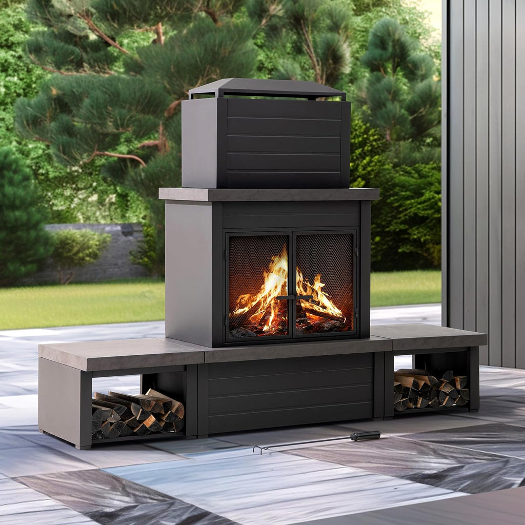 Outdoor Fireplace with Wood Storage and Chimney, Steel Metal Wood Burning Fire Pit with Mesh Spark Screen Door & Fire Poker, Fireplace Tool and PVC Cover, for Patio Garden Deck Backyard, Brown
