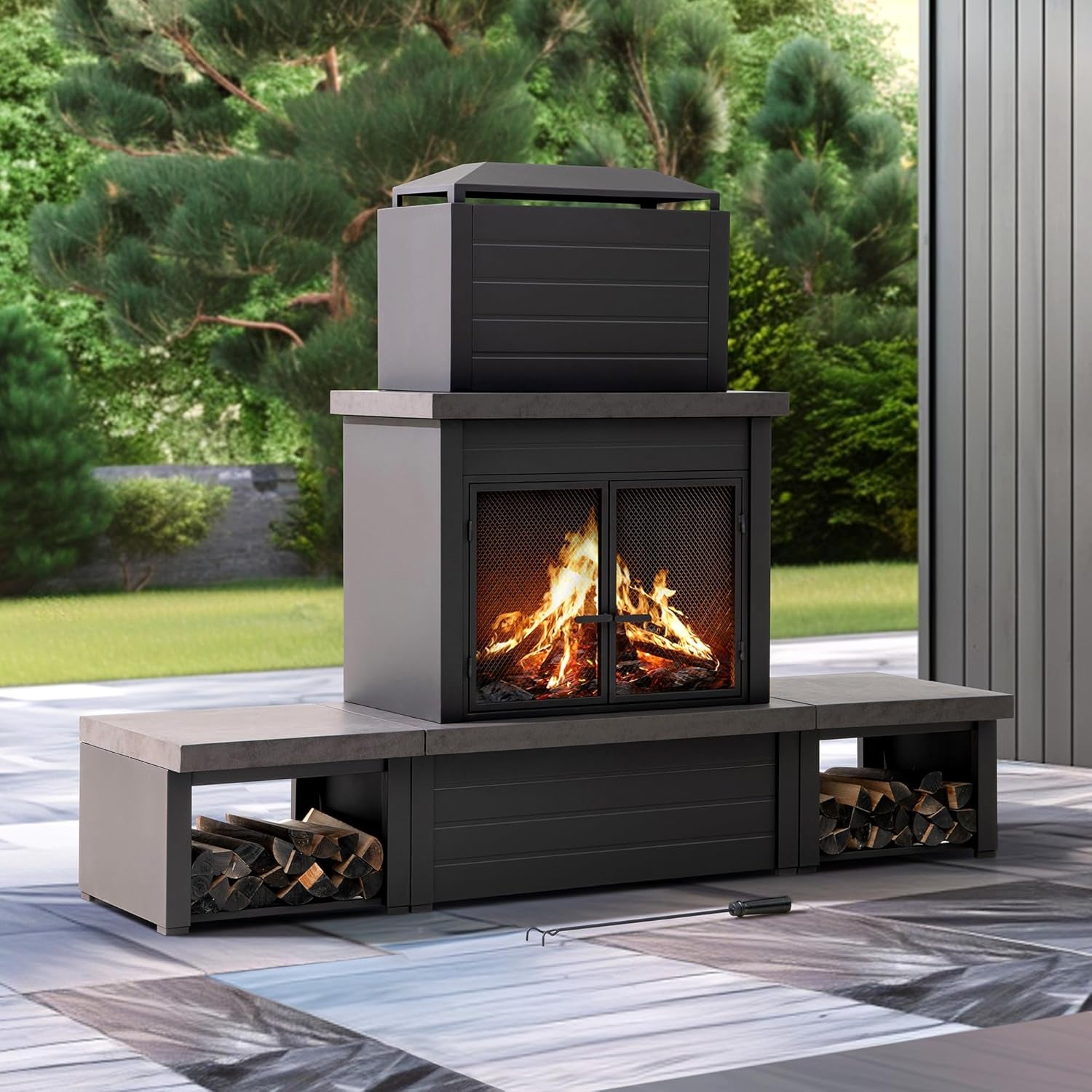 Outdoor Fireplace with Wood Storage and Chimney, Steel Metal Wood Burning Fire Pit with Mesh Spark Screen Door & Fire Poker, Fireplace Tool and PVC Cover, for Patio Garden Deck Backyard, Brown