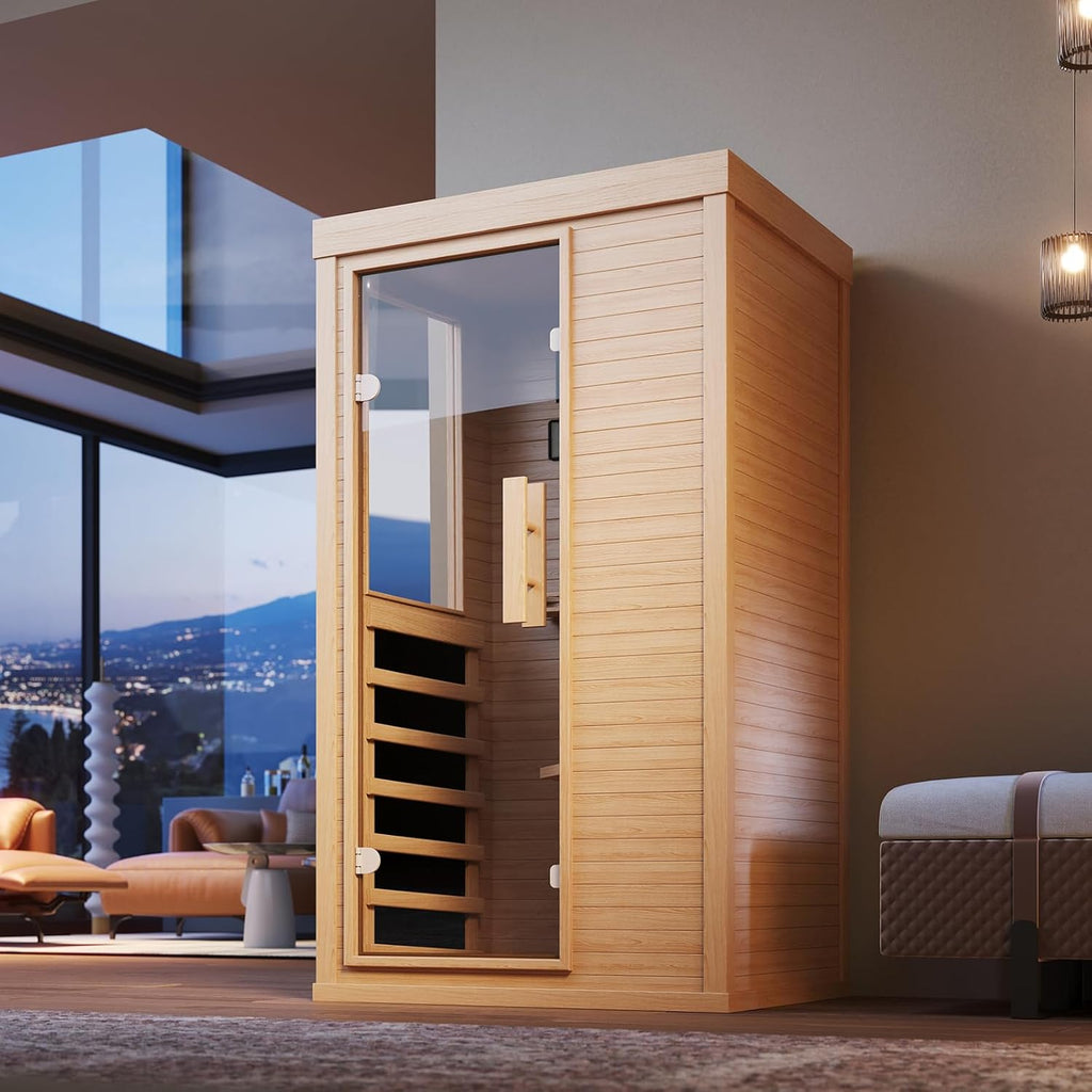Wood Infrared Sauna, 1 Person Traditional Home Sauna, Canadian Hemlock Indoor Dry Sauna Spa Room for Low EMF with Bluetooth Speakers and Control Panel, 32.67"X 27.55"X 59.44"